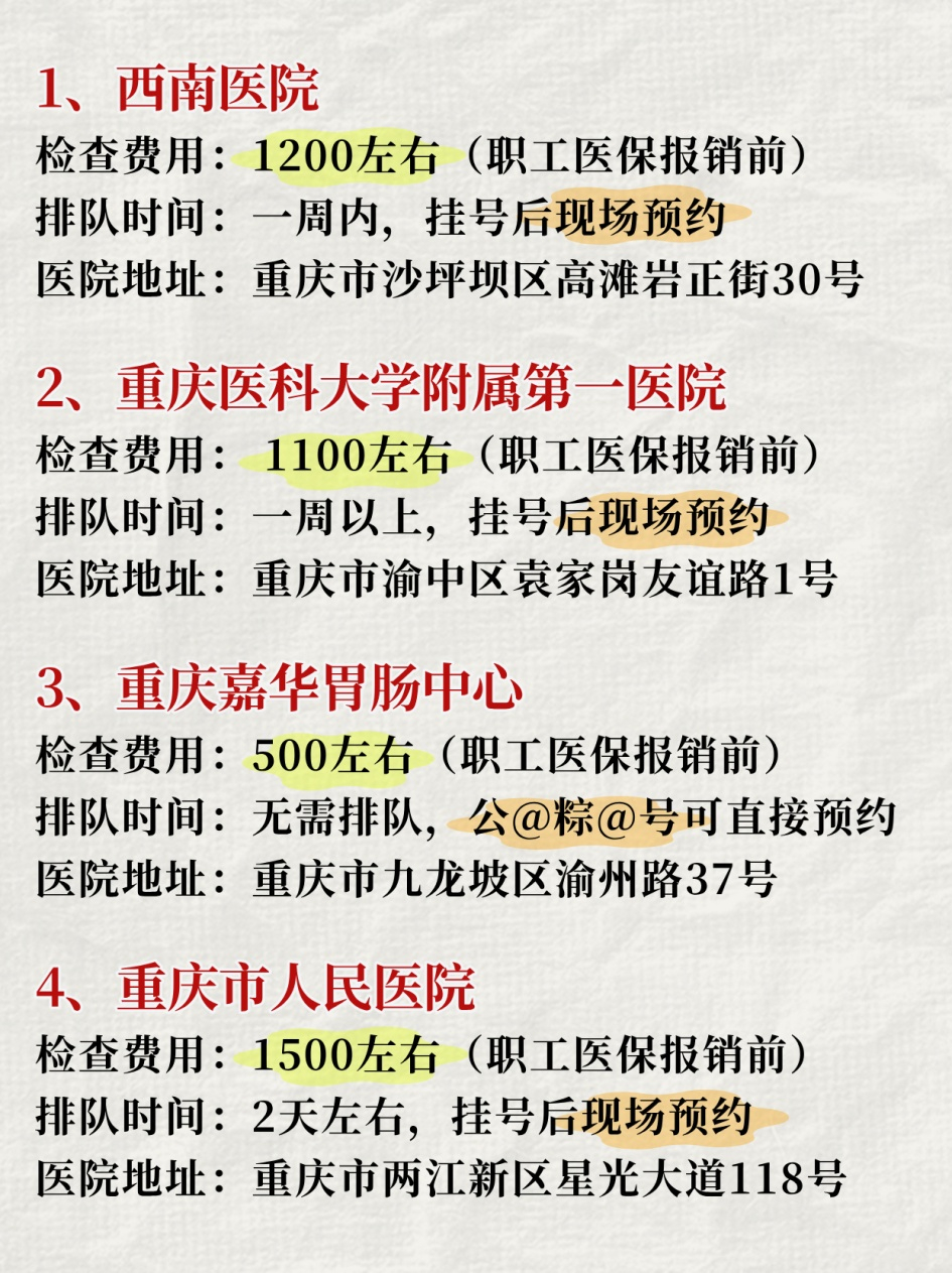 重庆无痛胃肠镜检查怎么选？详细对比来了！各位重庆的宝子们，图片上面4家是我整理的