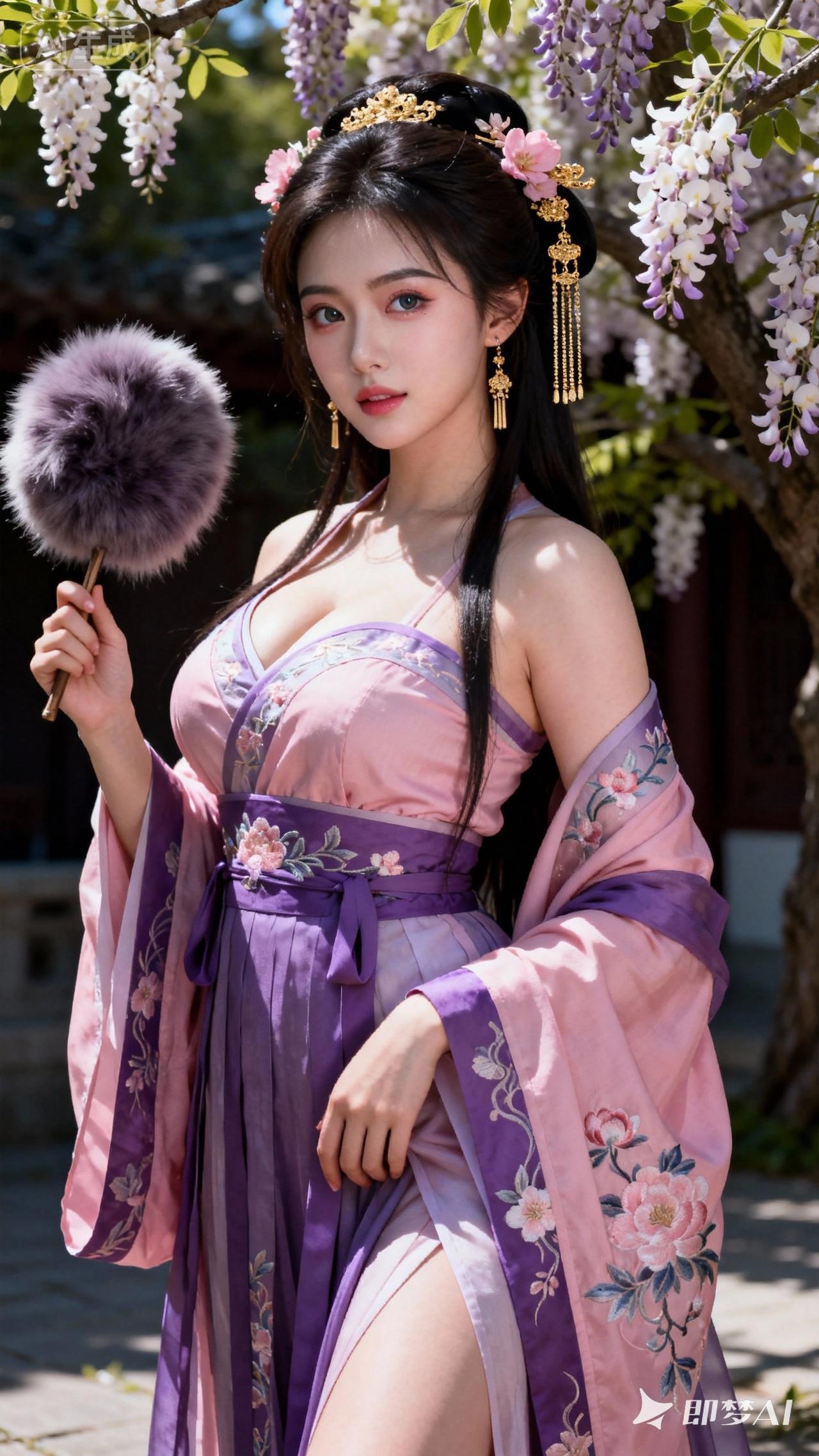 古风少女与花枝招展的春日，粉紫色和服与樱花树相映成趣，美不胜收！🌸💕