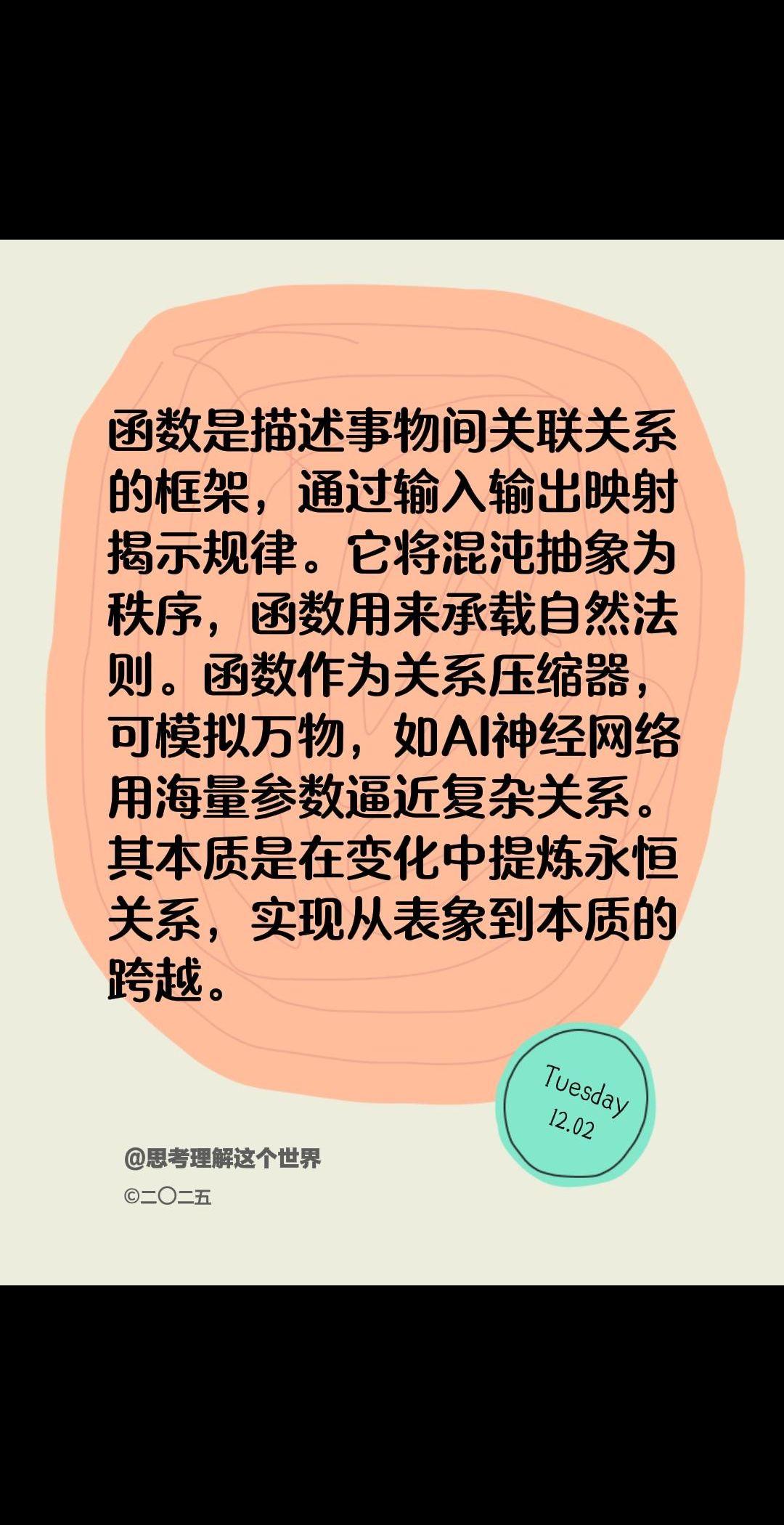 函数是描述事物间关联关系的框架，通过输入输出映射揭示规律。它将混沌抽象为秩序，函