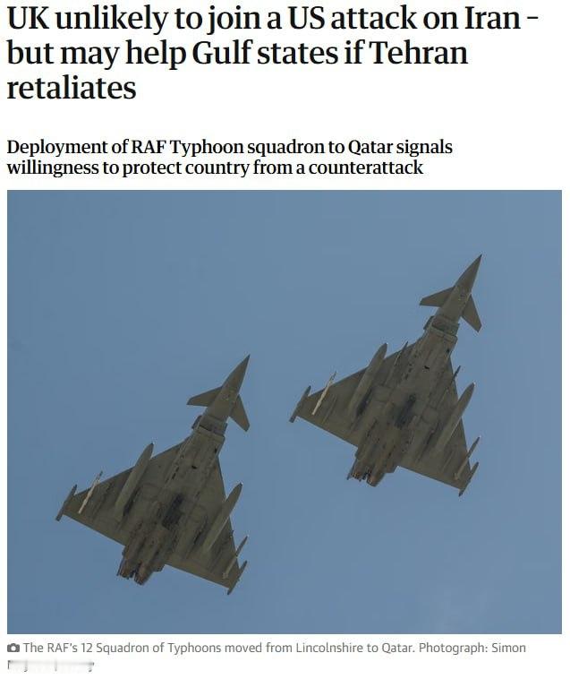 据《卫报》报道，英国不太可能参与美国对伊朗的先发制人打击，但已表示，如果伊朗进行