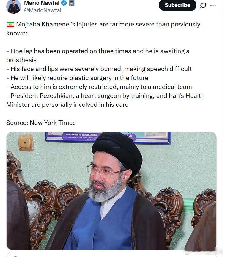 有关穆杰塔巴·哈梅内衣伤情的消息称，其严重程度远超此前所知：• 他的一条腿已经接