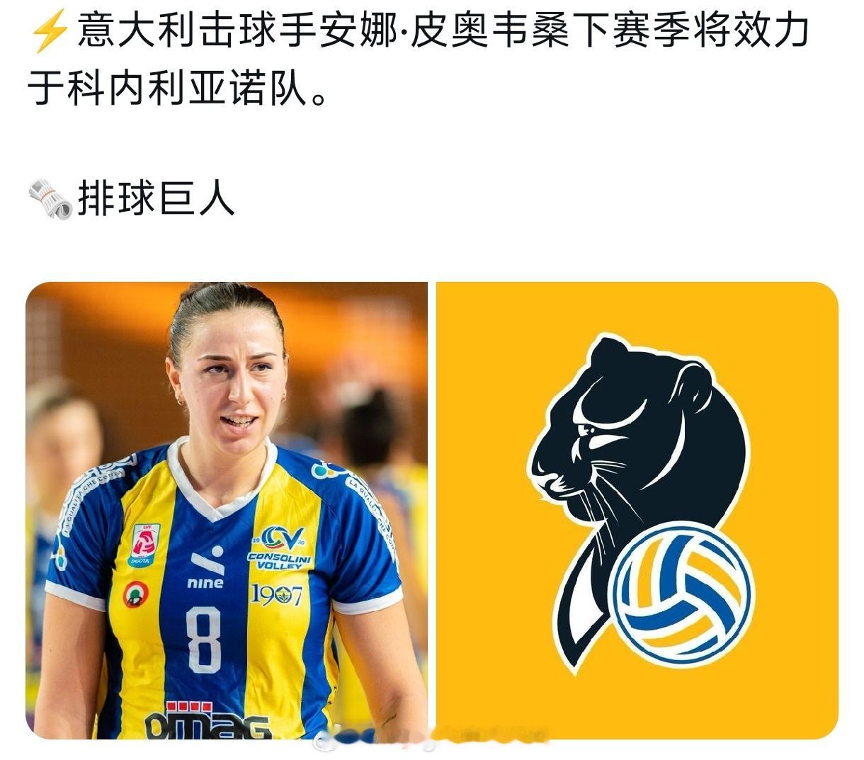 庄宇珊队的皮奥维桑，26/27赛季加盟科内利亚诺。本赛季庄加盟前，就是她受伤前，