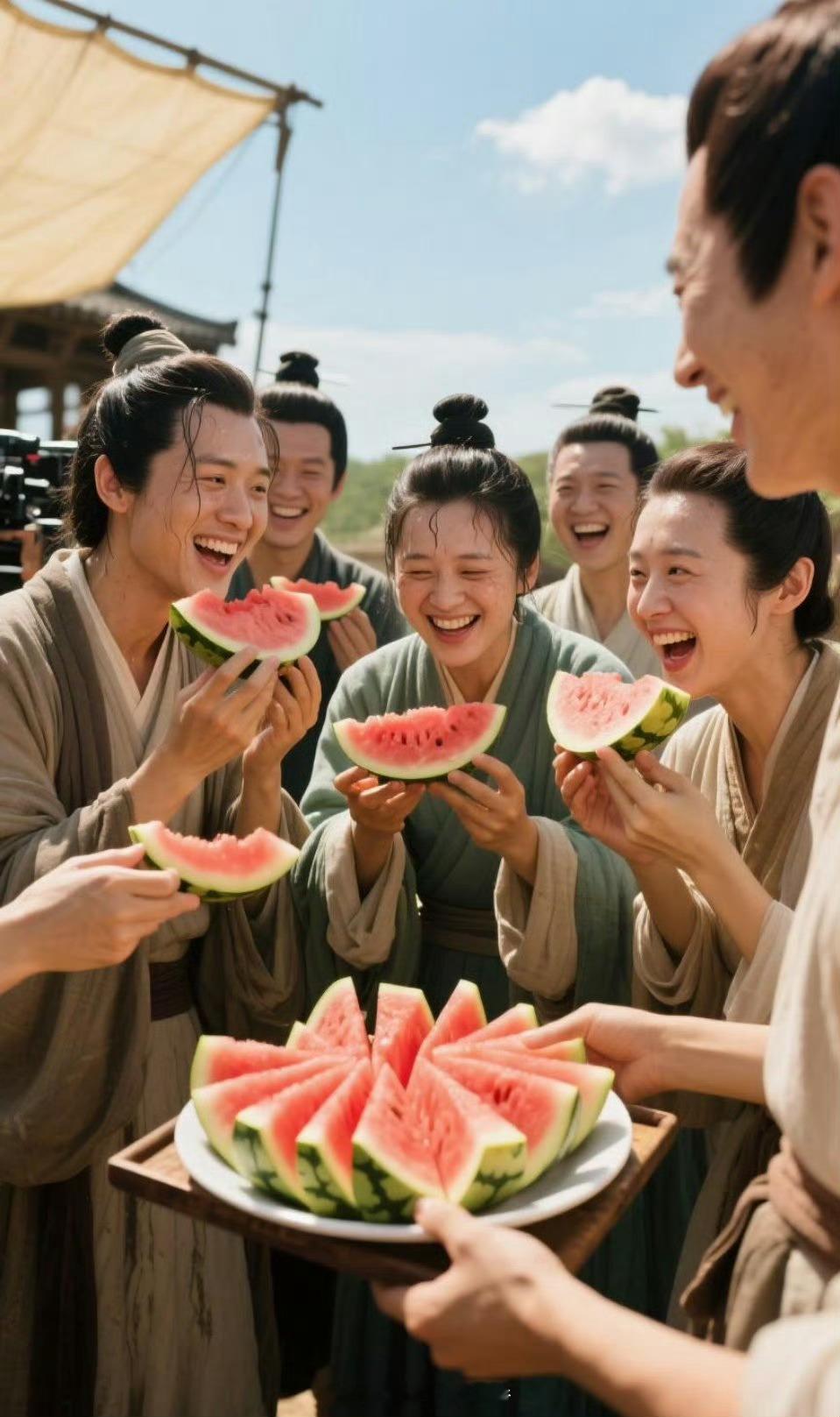 原来这么多艺人爱在片场吃瓜 原来不止我爱吃西瓜啊，演员们也喜欢吃西瓜🍉[哈哈]