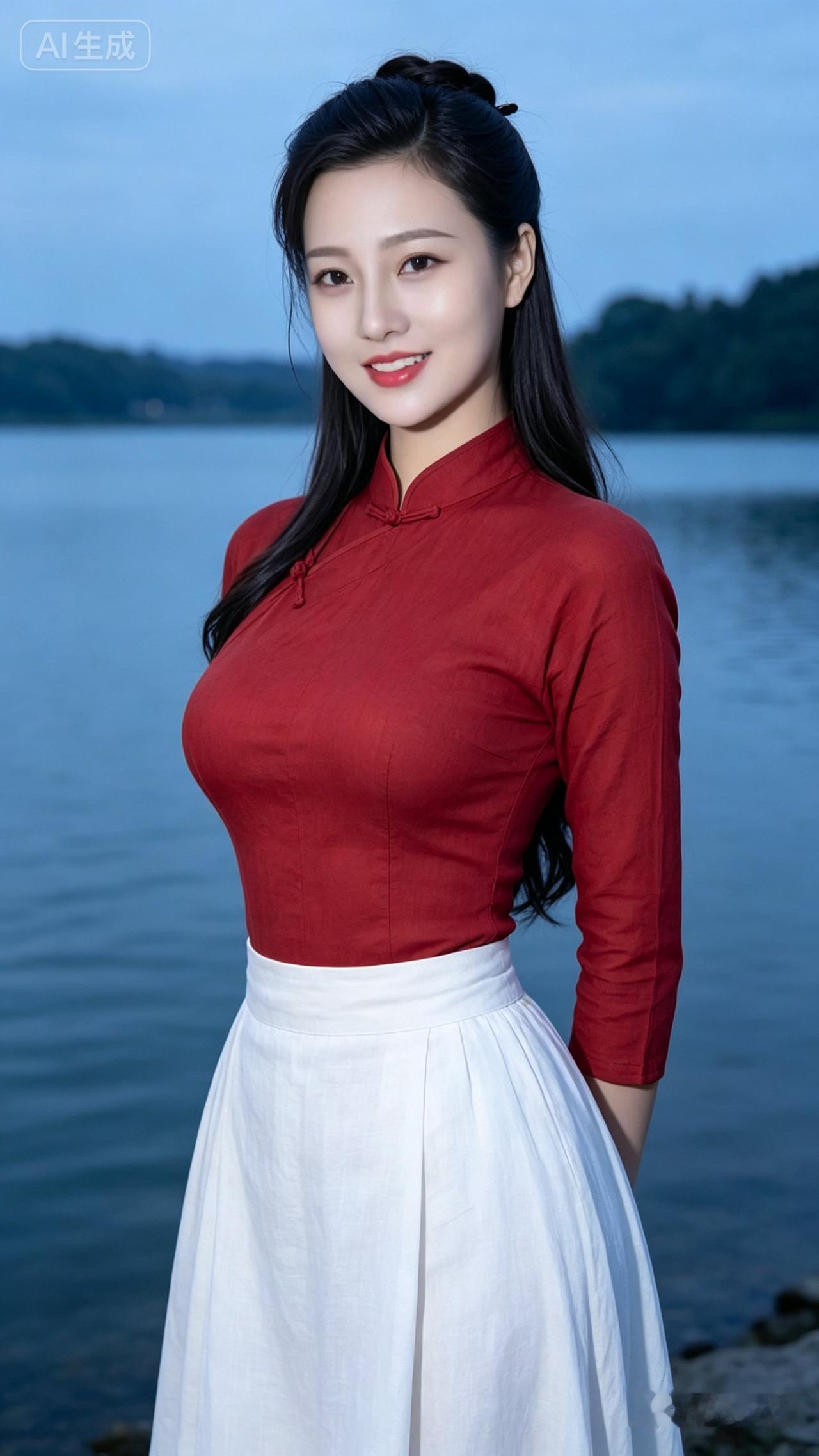 优雅红白搭配，湖畔的东方美人