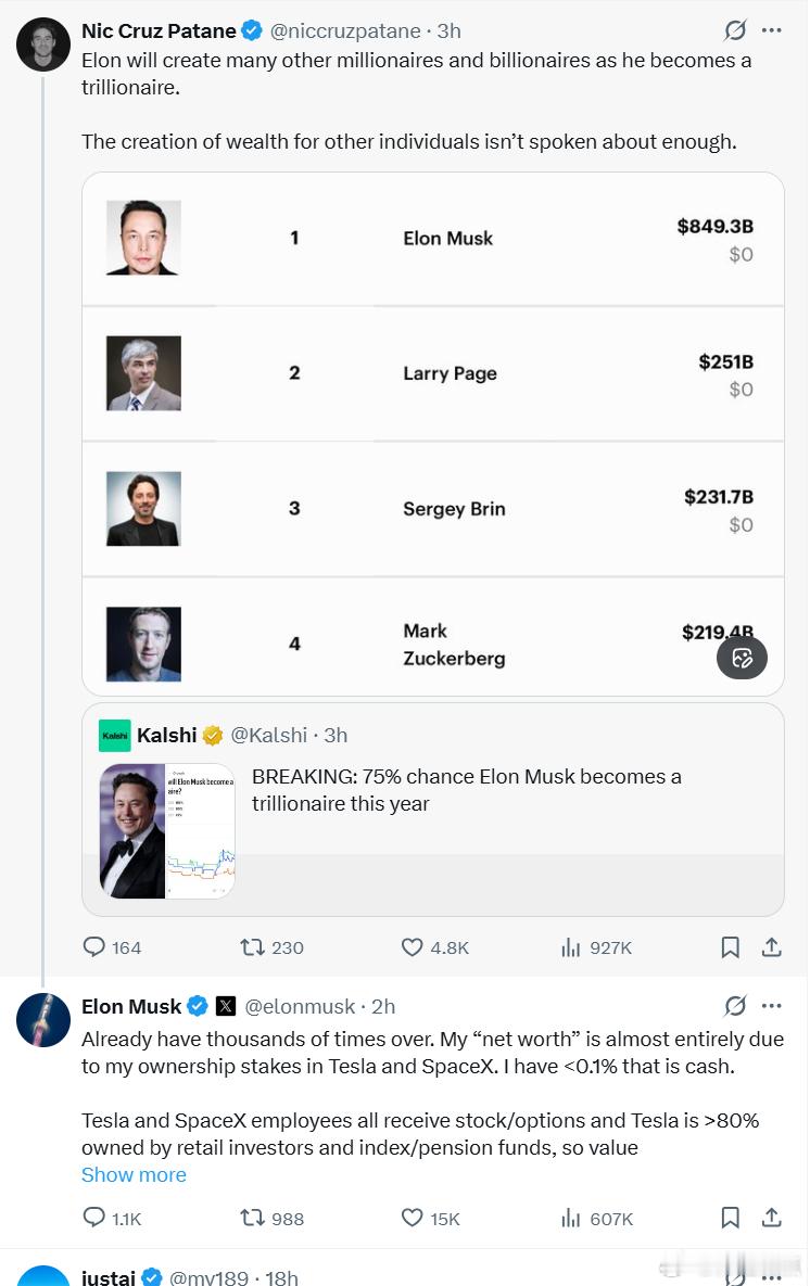 “埃隆·马斯克在成为万亿富翁的过程中，将会创造出许多其他的百万富翁和亿万富翁。他