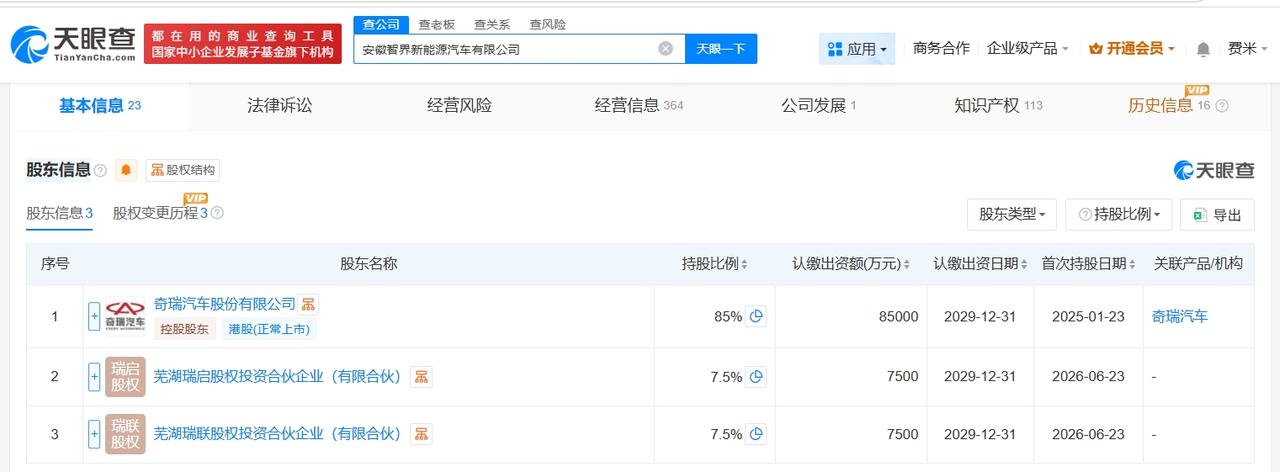 董事长郭锐等入股智界汽车

天眼查 App 显示，近日，智界汽车关联公司安徽智界