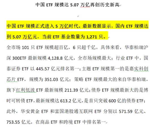 中国ETF规模达5.07万亿再创历史新高