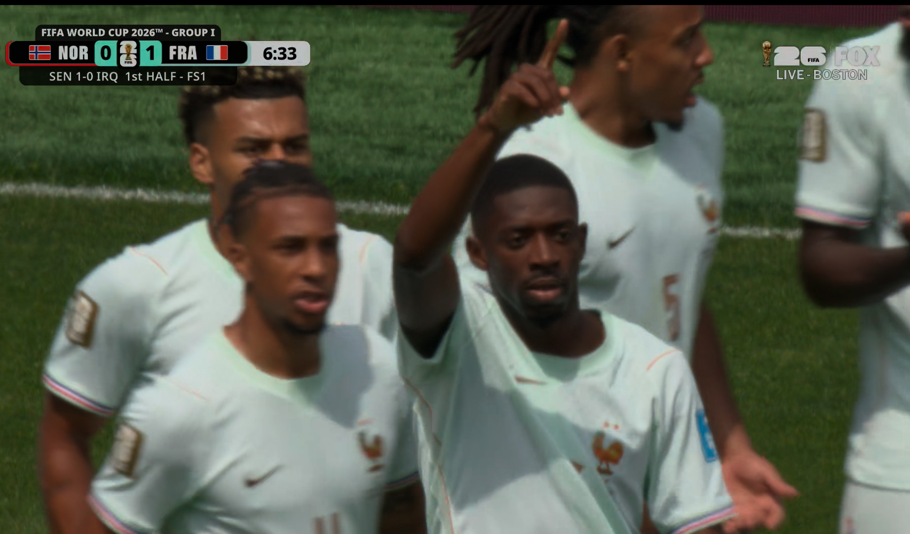 2026国际足联世界杯 小组赛I组法国对阵挪威BO1，最终法国以4:1获胜，登贝