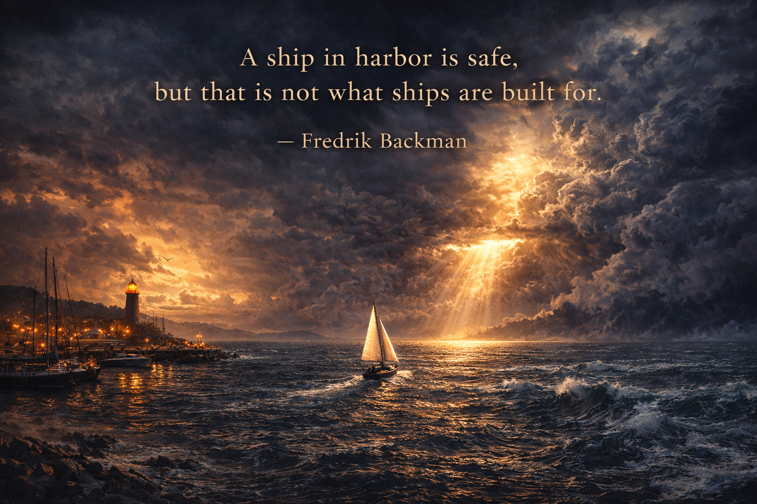 留在港口的小船最安全，但这不是造船的目的。by瑞典作家弗雷德里克·巴克曼 
