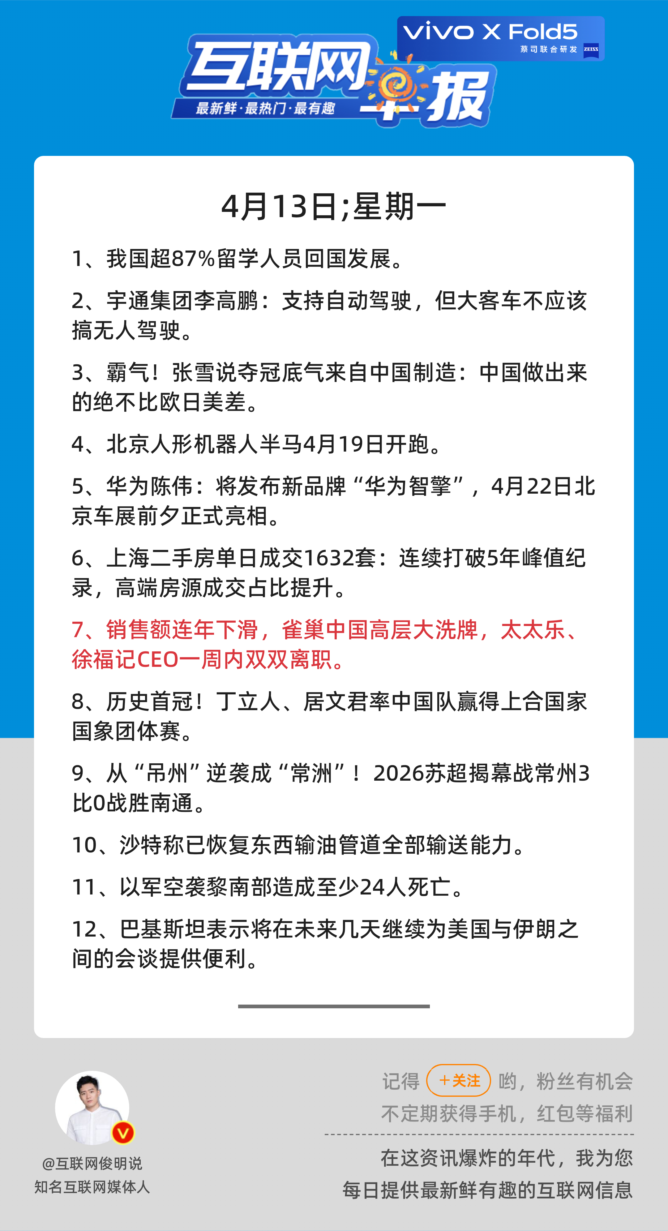 4月13日，星期一，《第3107期》；互联网早报，众览天下事关心第7条：销售额连