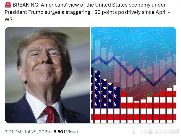 WSJ：自四月以来，美国民众对特朗普总统领导下的美国经济看法大幅上升，正面评价激