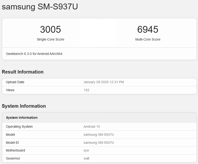 三星 Galaxy S25 Slim 现身 GeekBench 跑分库，型号为“