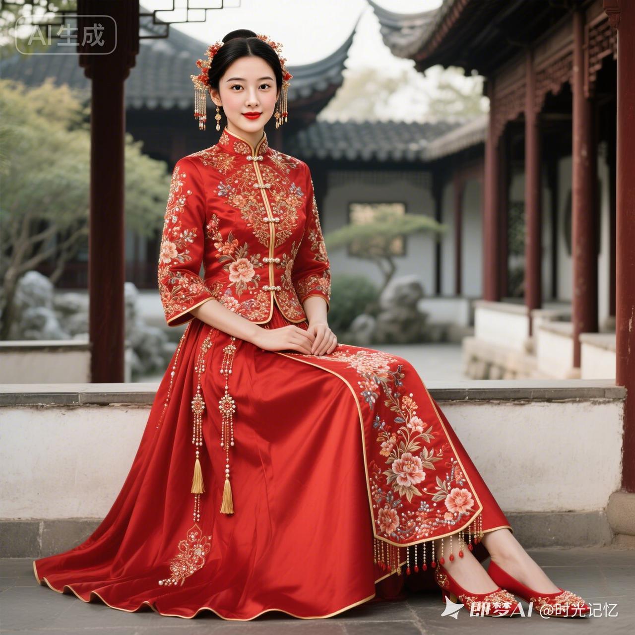 古典韵味，红衣美人坐庭院！