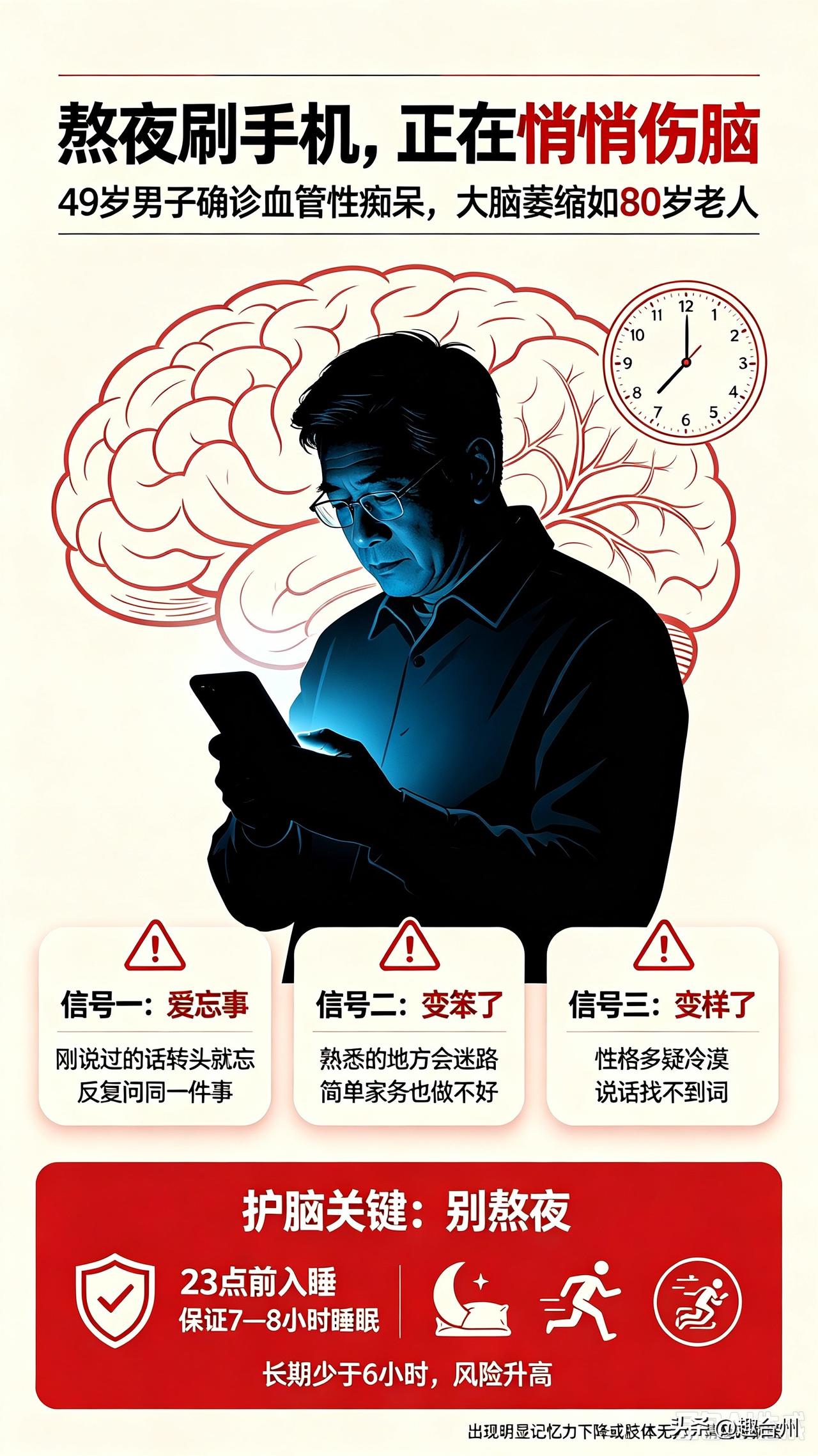 台州的小伙伴警惕！49岁男子熬夜玩手机查出血管性痴呆，大脑提前老化📱
📢大家