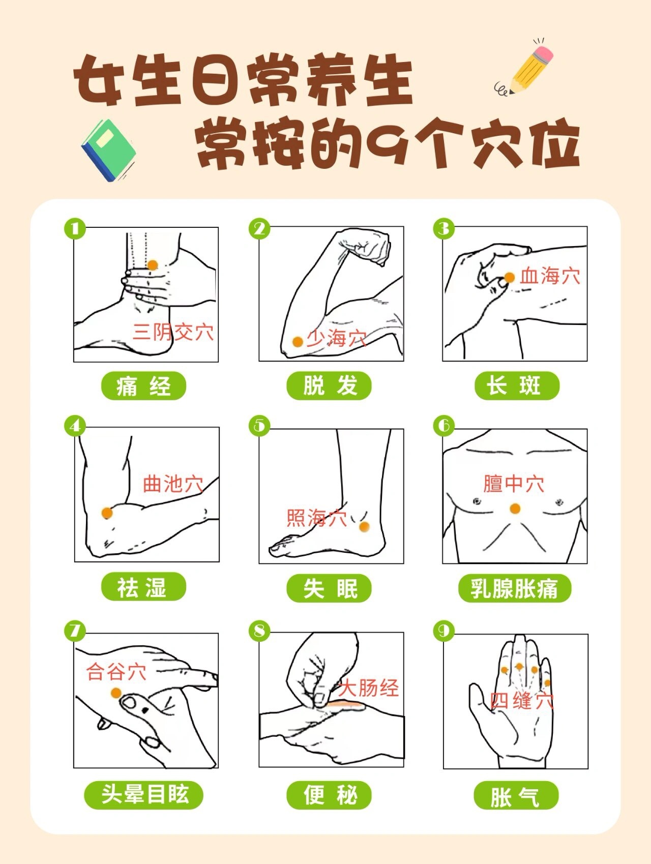 女生常按9个穴位，好处多多💯按摩穴位的好处主要是可以活血化瘀、调理气血、美容养