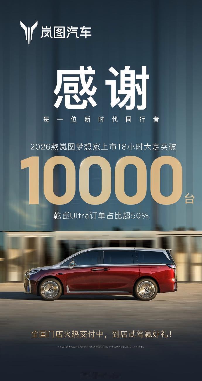 mpv冠军首选岚图梦想家  上市18小时大定破万，乾崑 Ultra 版占比超 5