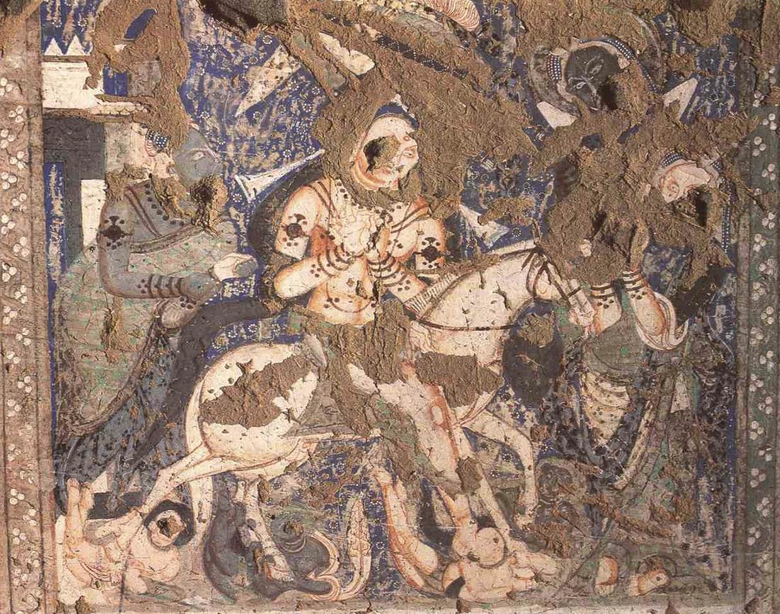 新疆克孜尔石窟110窟6-7世纪的龟兹彩绘壁画《踰城出家》讲述悉达多王子在出四门