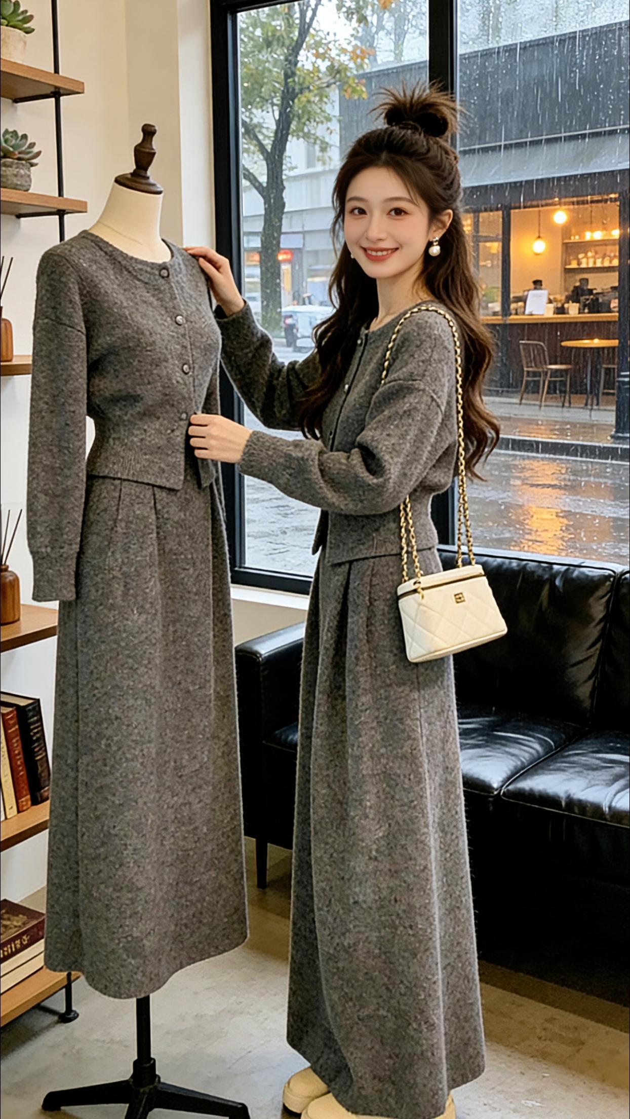 Danny今日穿这套极简风呢子套装出门，被咖啡店老板娘追着问链接。收腰开衫拉长比