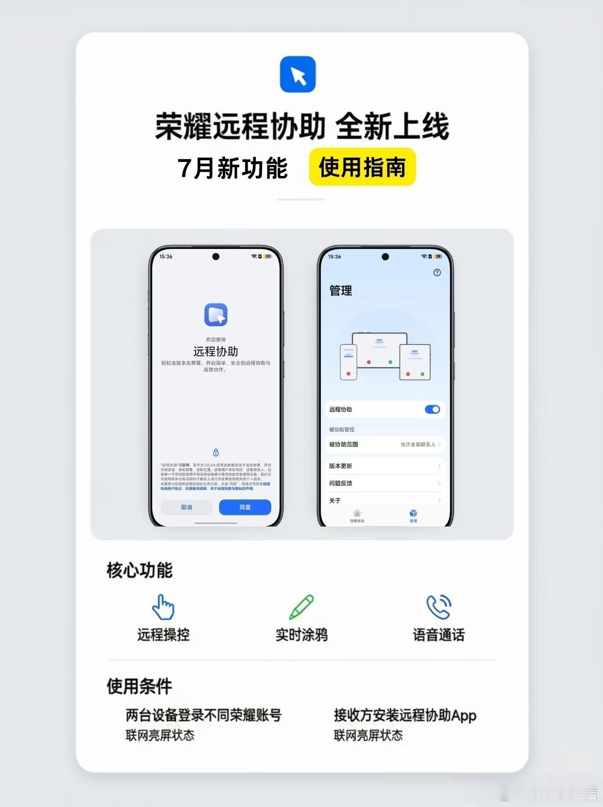 七月荣耀新版本上线超实用远程协助功能，能远程连上家人手机帮忙调试。可以完整操控对