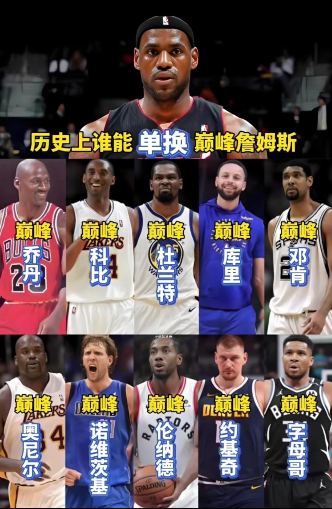 今天看到有网友问巅峰詹姆斯可以单换谁？有乔丹、科比、杜兰特、库里、邓肯、奥尼尔、