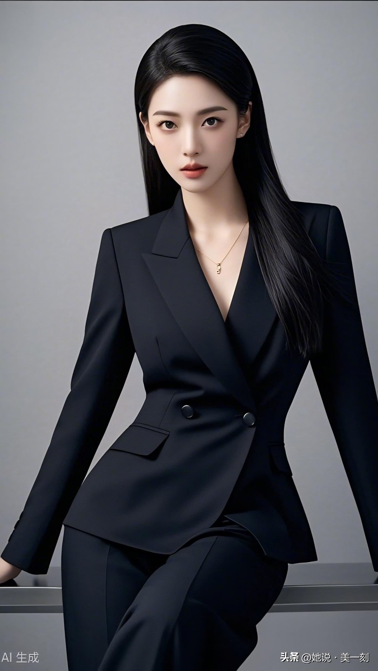 黑衣美人倚栏立，风姿绰约似画中。拥有好身材是一种什么感觉和体验 优雅黑西装，职场