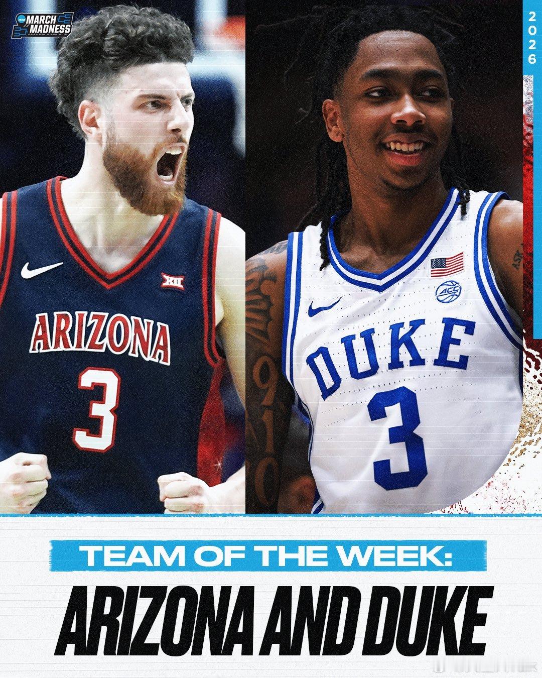 NCAA官网第16周NCAA男篮最佳球队：亚利桑那大学和杜克大学，最佳球员：Mo
