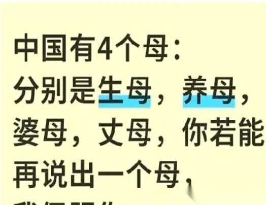 刷到一个帖子，问除了生母、养母、婆母、丈母，你还能说出中国女人的第五个“母”吗？
