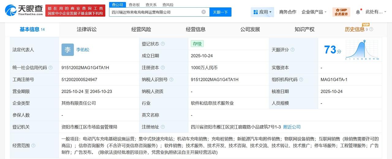 特来电等在四川成立充电网运营公司注册资本1000万
天眼查工商信息显示，近日，四