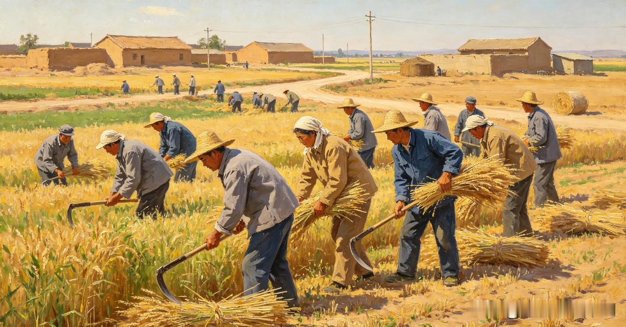 分享六七十年代生产队干活时的场景麦收时节，农民凌晨开始一字排开用剪刀割麦子；人工