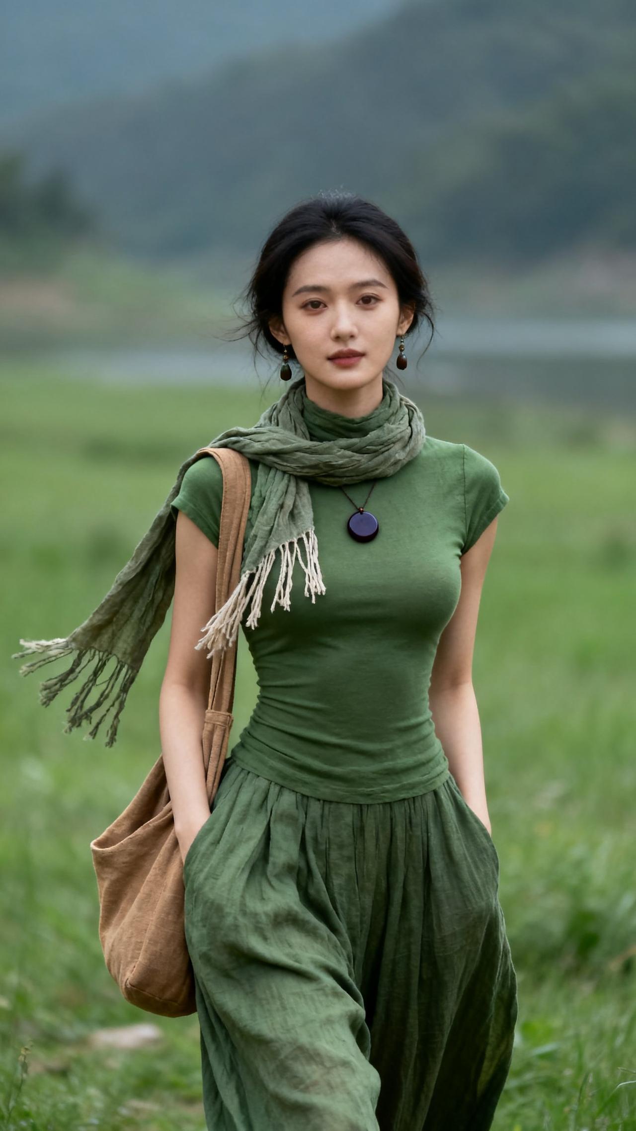 绿衣美人倚芳草，静看山水入画来。