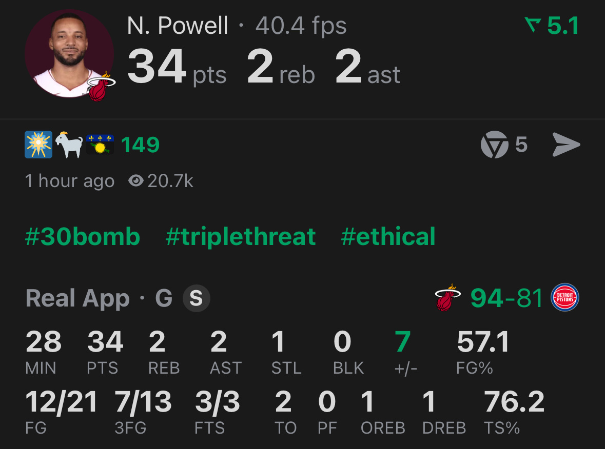 鲍威尔三节34分，7记三分，距离生涯纪录就差1个。热火vs活塞NBA