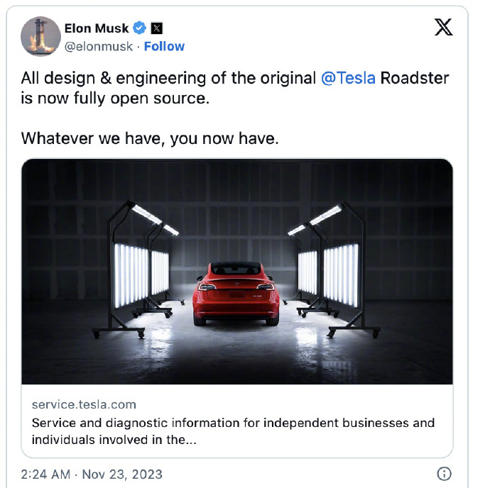 马斯克宣布开源ModelS和ModelX  7月24日，马斯克在X平台突然宣布：