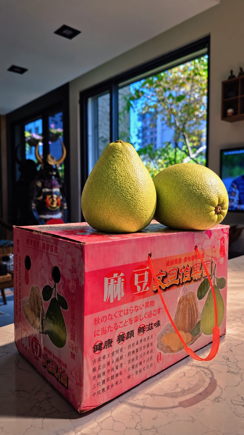 今天下午，意外收到江董特別送來的中秋伴手禮，一整箱來自台南的知名麻豆文旦。沉甸甸