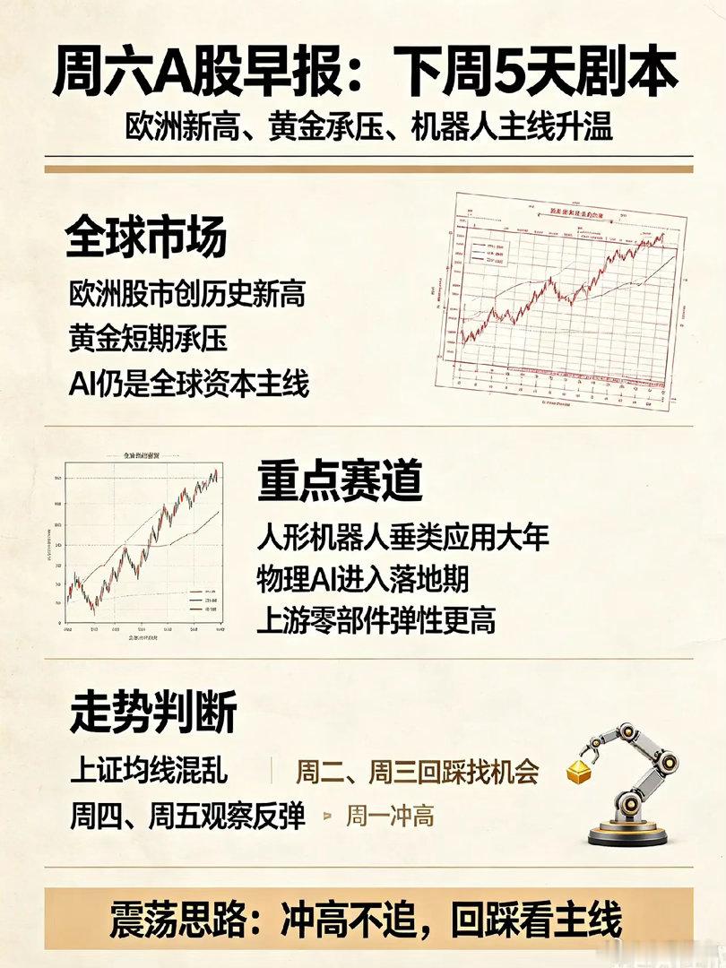 周6,欧洲股市创历史新高,下周A股5天剧本来了！今天早上我说三件事：①摩根大通：