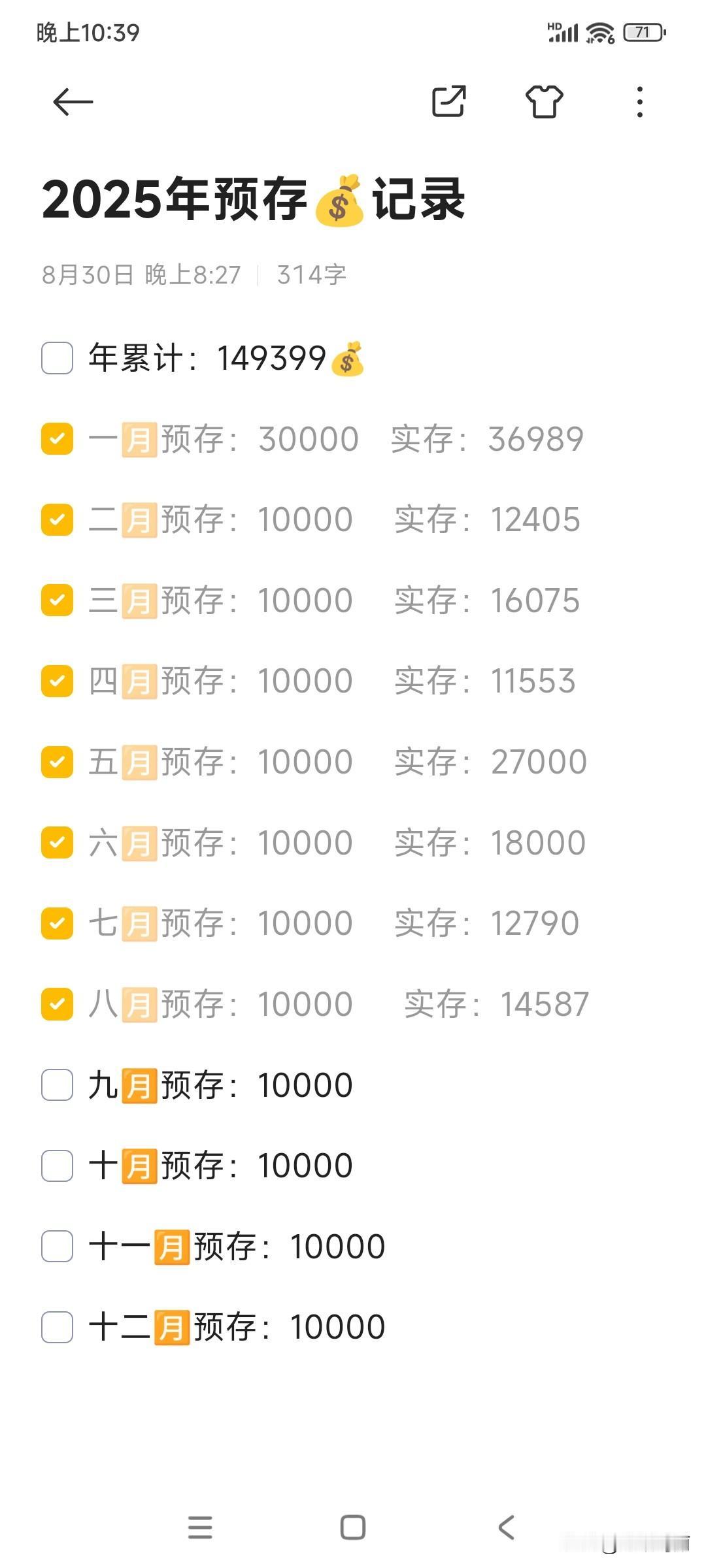 以前月月光，收了房租、发了工资就到处花花花……年初决定存💰，做了计划，8个月过