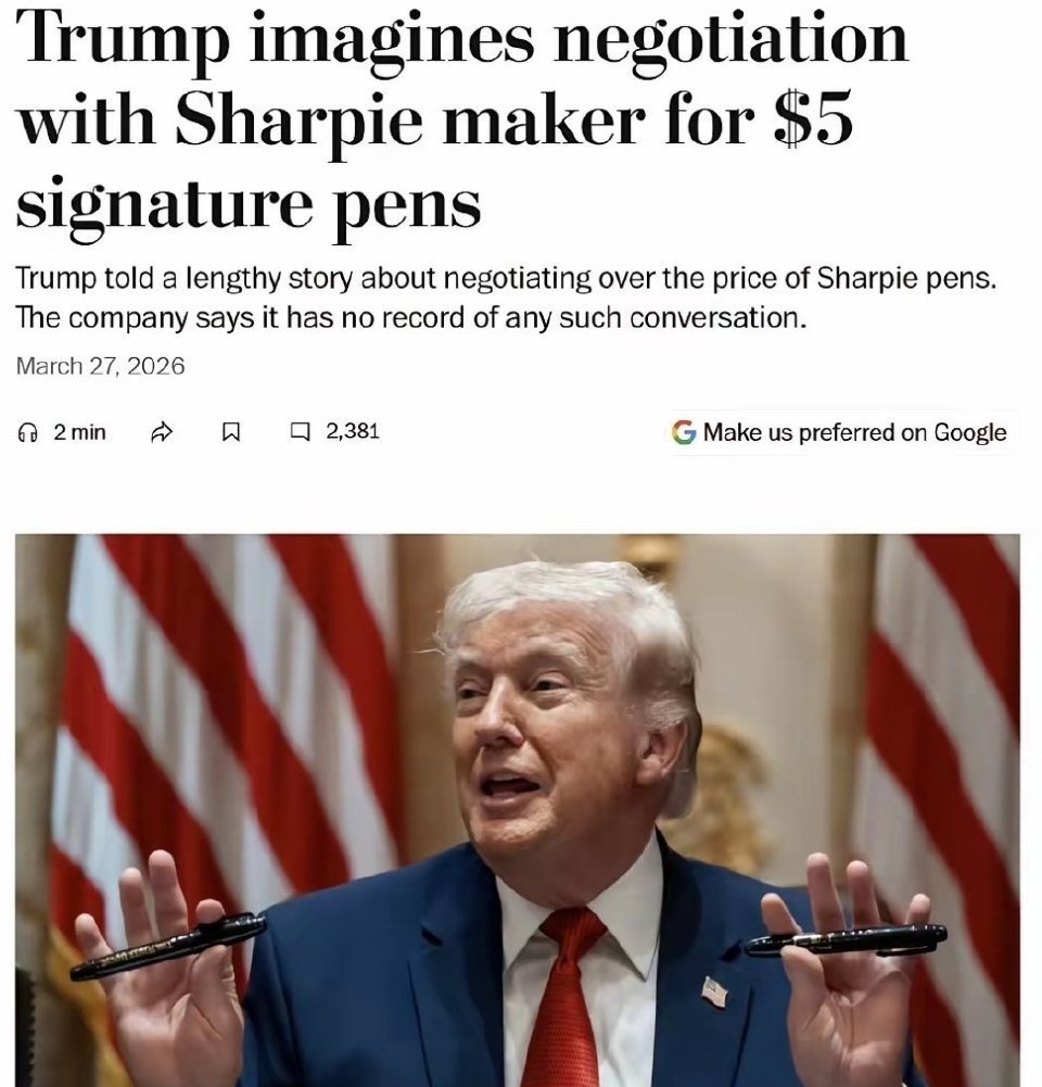 《华盛顿邮报》： 特朗普在周四的内阁会议上，花了五分钟时间吹嘘自己的勤俭节约，他