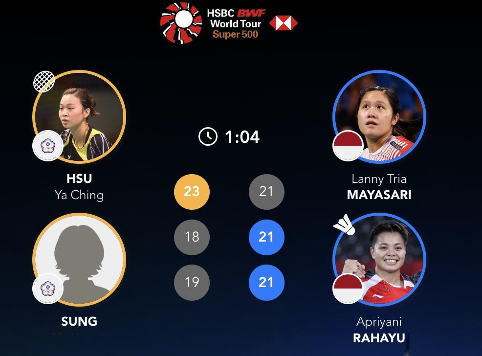 兰妮/拉哈尤🇮🇩 21-23、21-18、21-19 许雅晴/宋祐媗半决赛：