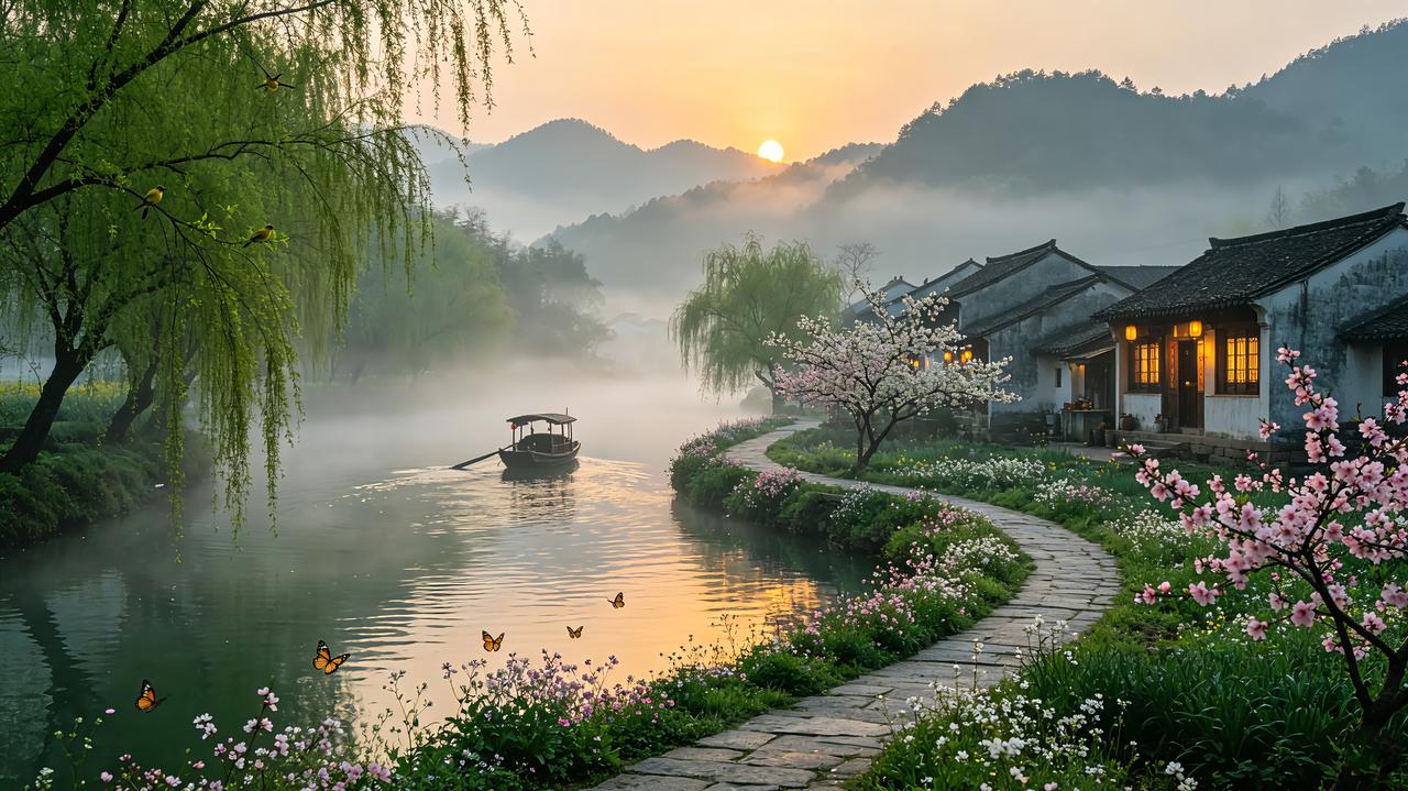 下联：盛世物华新
配诗：
故乡山水秀，
盛世物华新。
柳岸莺啼晓，
花蹊蝶戏春。