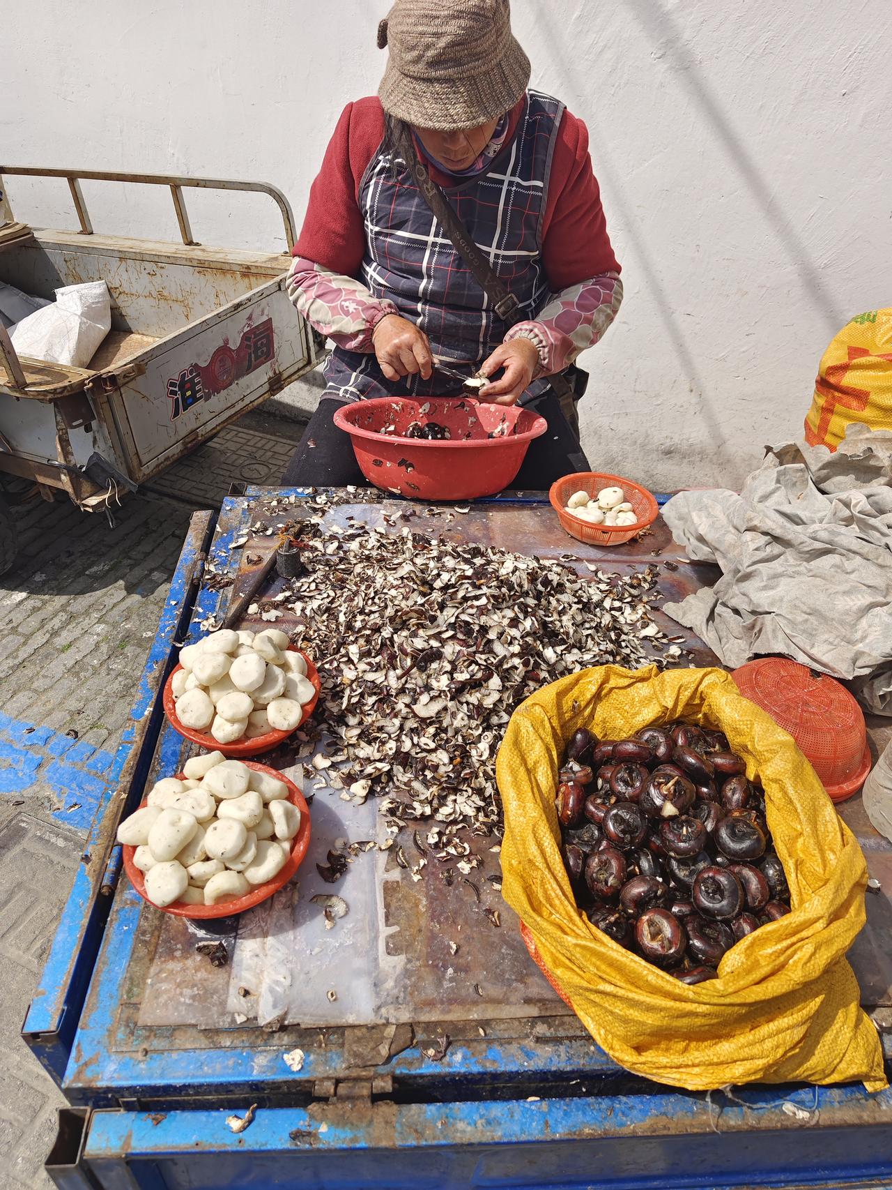 4月8日，京杭大运河畔，高邮南门大街即景，耦粉、荸荠、烧饼、脆饼、金钢蹄，一方水