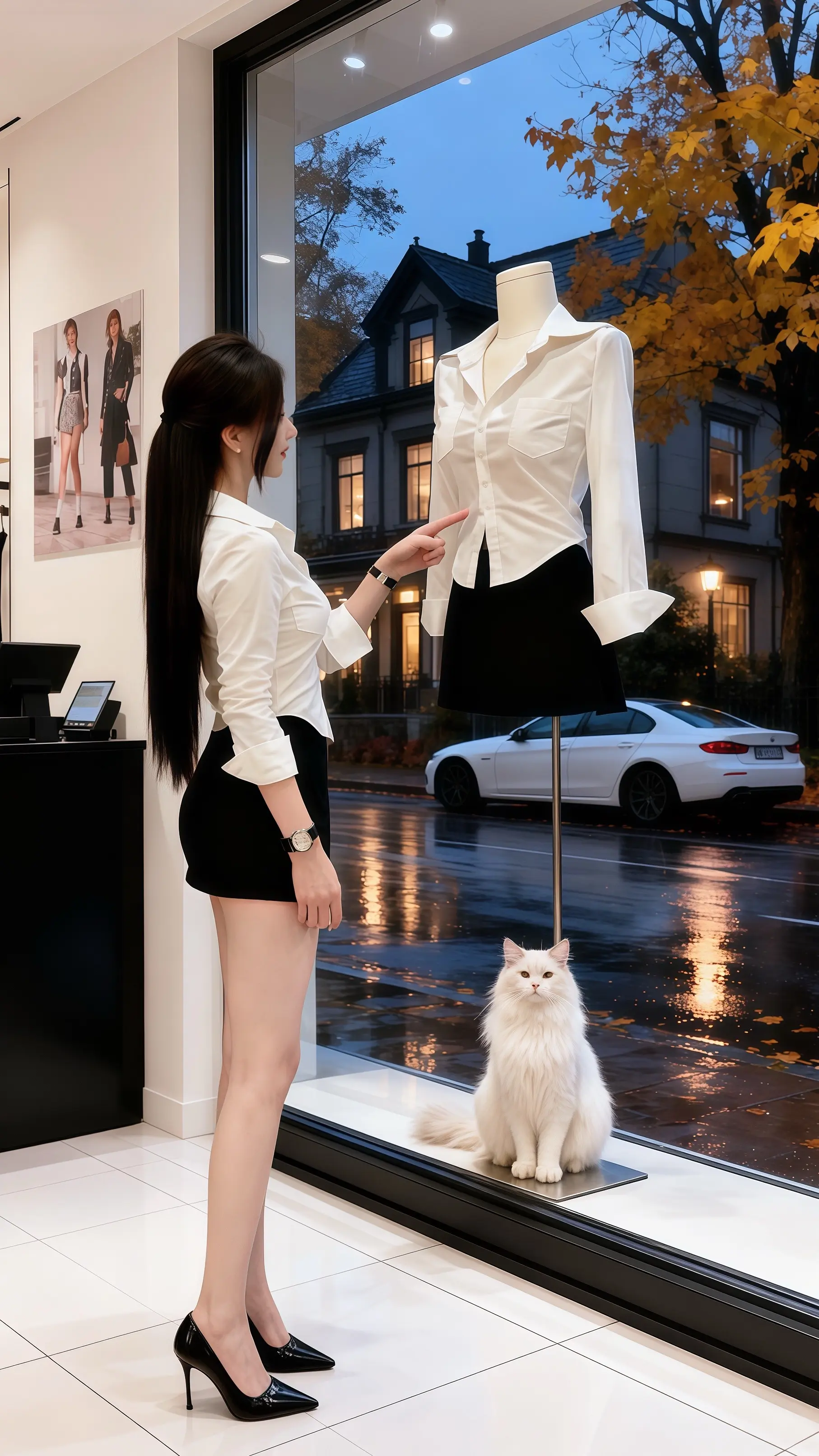 秋日晚风里的职场精致感  雨后的黄昏，我在这家店被这套白衬衫黑短裙的搭...