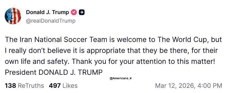 新闻快讯——特朗普威胁伊朗国家足球队！
消息来源——德黑兰时报