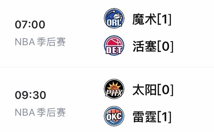明日季后赛赛程7:00 魔术vs活塞9:30 太阳vs雷霆免费看球地址：网页链接