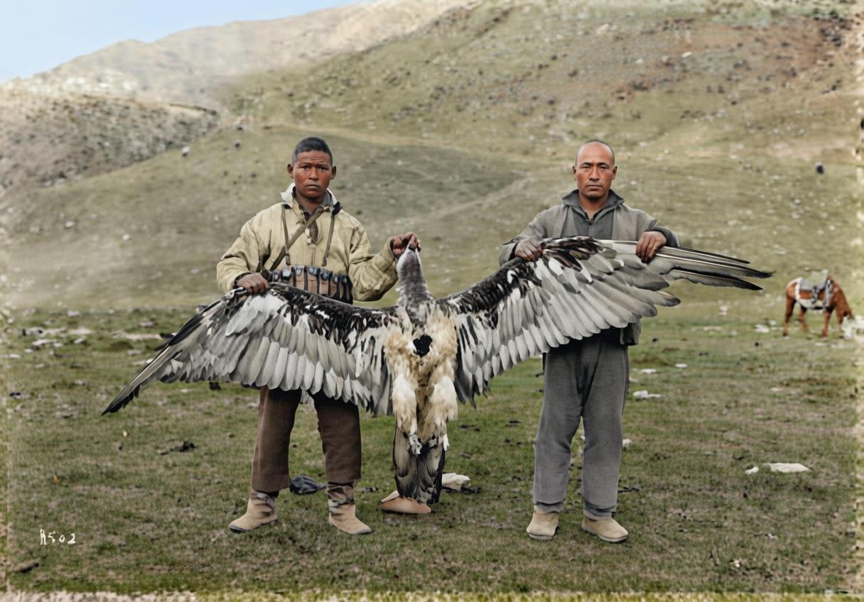 1925年，青海湟源丹噶尔古城（当时隶属于甘肃省）。两名当地的猎人展示他们俘获的