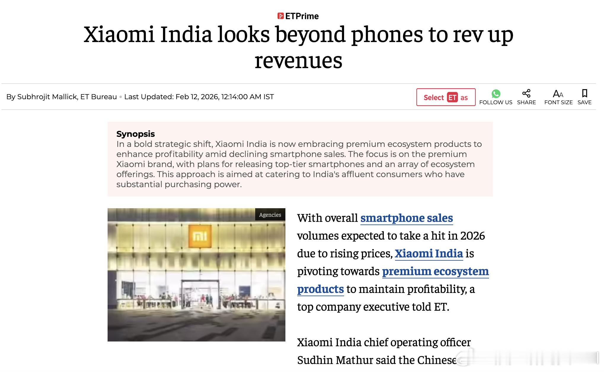 根据Economic Times报道，小米印度正进行战略性转变，从依赖智能手机销