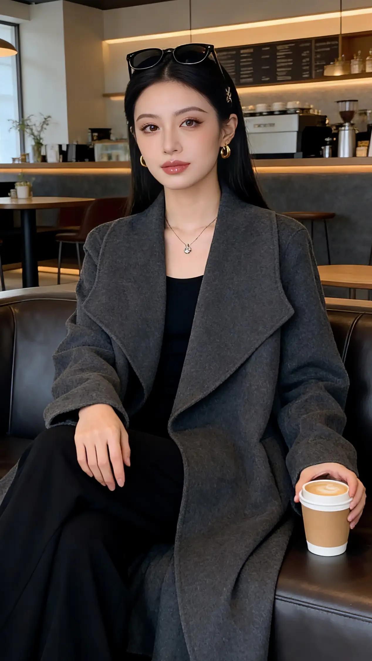 女生如何穿搭看起来时尚更有品味呢黑色的长发，淡妆，灰色的长款大衣，看着非常有时尚