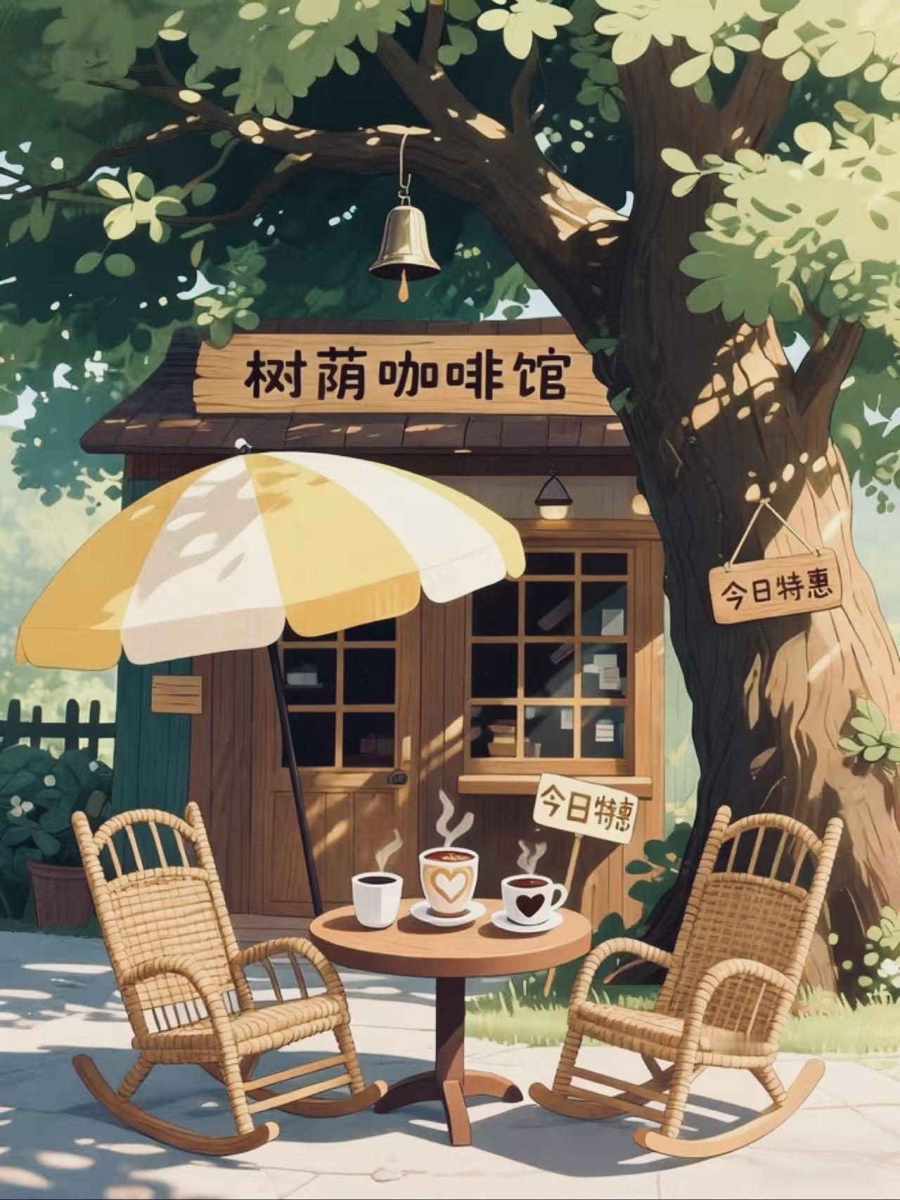 一棵大树，一间小屋；一把阳伞，一对摇椅，三杯咖啡——你一杯，我一杯，再留一杯卖给