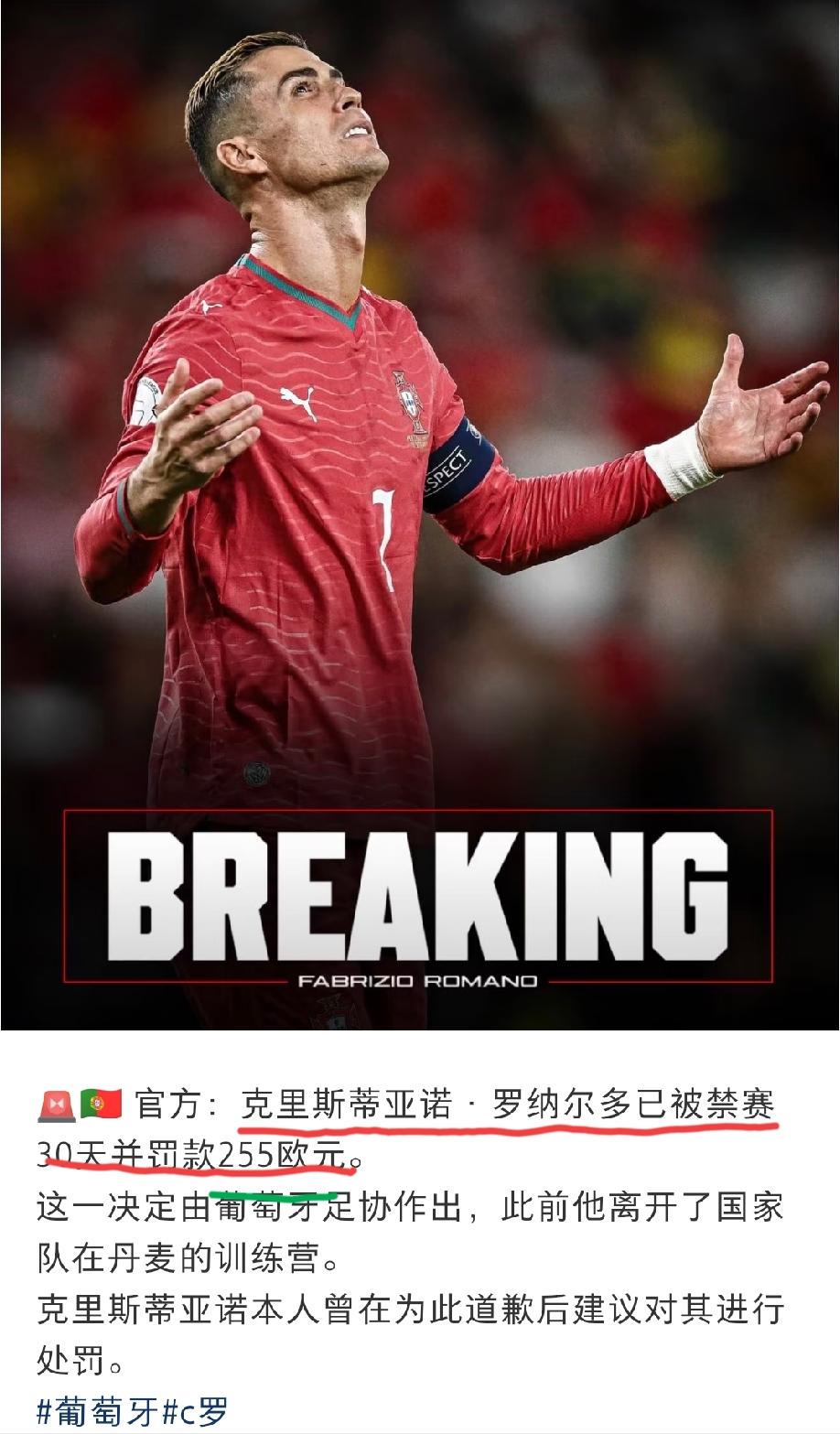 C罗因为“此前离开国家队训练营”被葡萄牙足协禁赛30天+罚款255欧。请大家注意