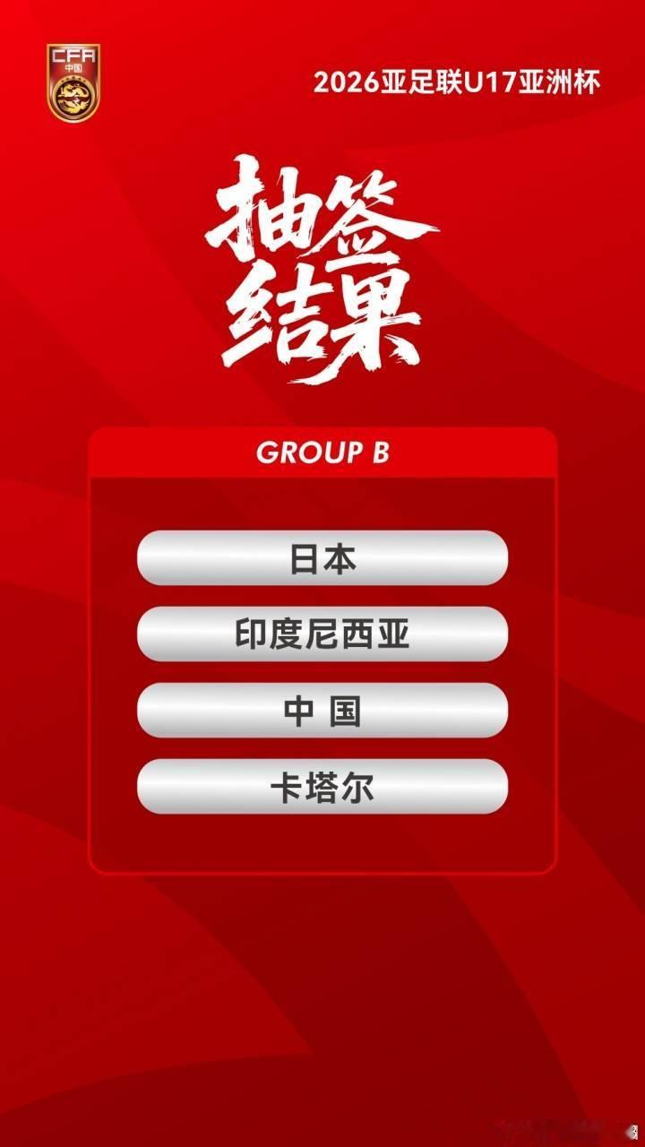 U17男足亚洲杯抽签：中国国少与日本、印尼、卡塔尔同组------北京时间2月1