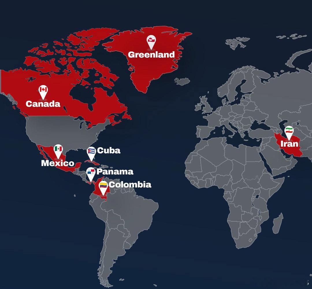 这些就是美国特朗普总统接下来可能要攻打的目标。看起来格陵兰是首当其冲，因为难度最