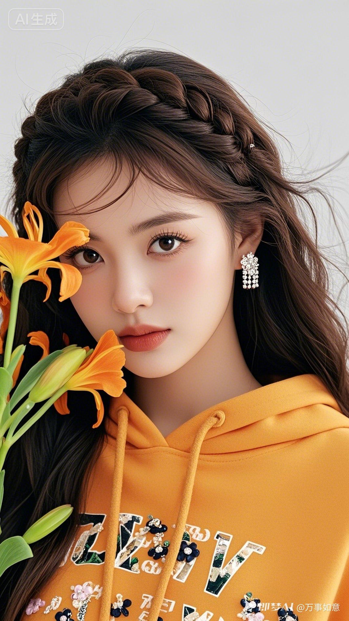 美少女黑棕长发柔顺亮泽，头顶一缕精致编发，浓眉大眼明亮有神，白皙肌肤搭配纤长卷翘